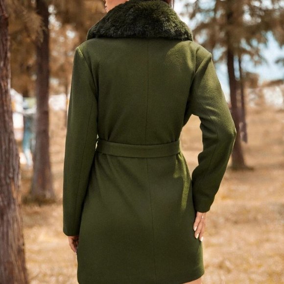 Glamorous Olive Green Faux fur collar Belted Overcoat Jacket Coat - Picture 2 of 6